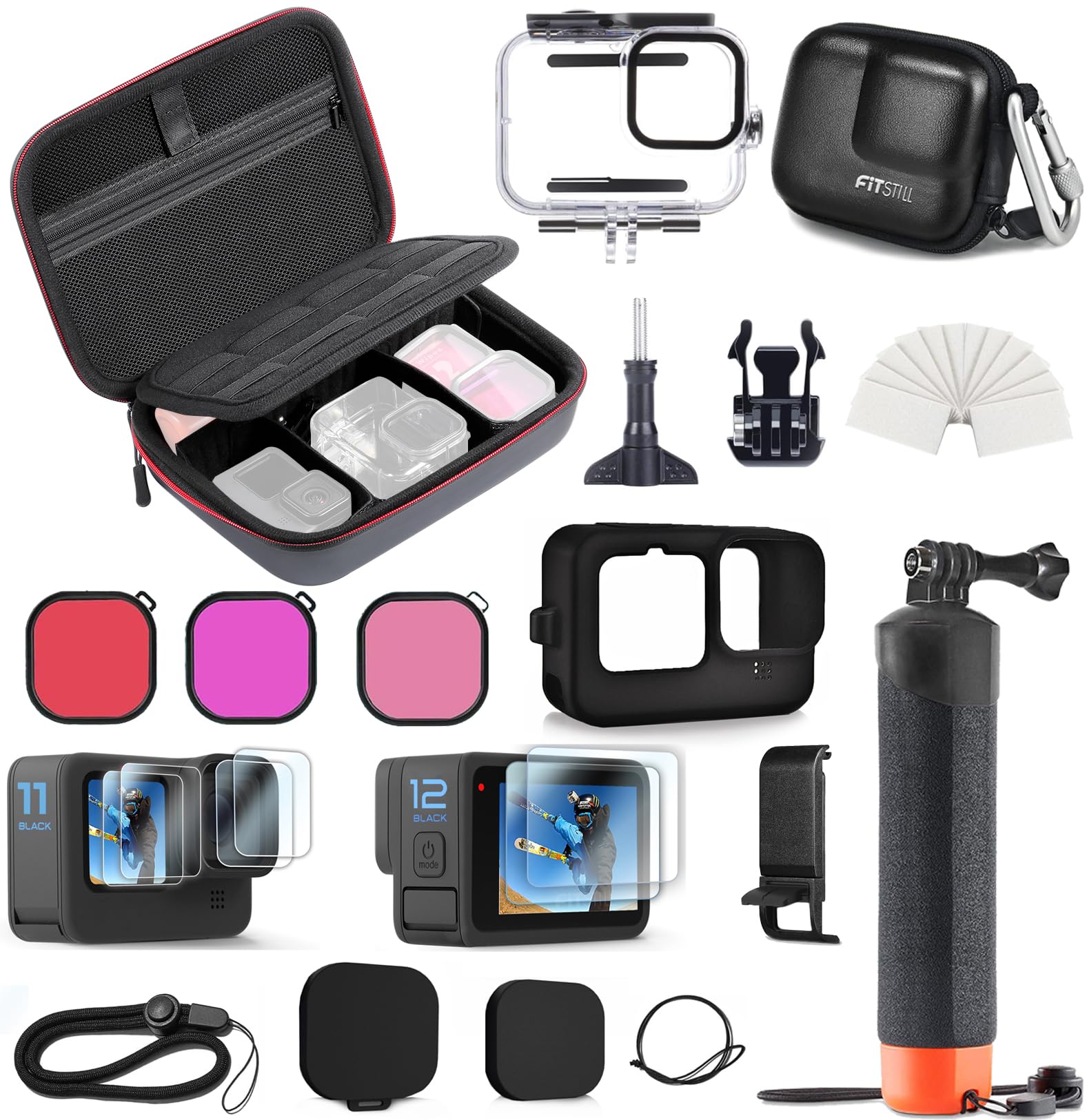 FitStill Carrying Protective Case Include 60M/196FT Underwater Waterproof Shell&Dive Filters&Silicone Case&Screen Protector&Monopod Floating Hand Grip Dive Go Pro Hero 12/11/10/9 Black Accessory Kit