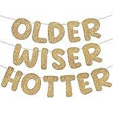 Fulmoon Set of 3 Pre Strung Older Wiser Hotter Glitter Banner Funny Birthday Banner for Women 30th 40th 50th 60th 70th 80th Birthday Party Decorations Sign Gift(Champaign Gold)