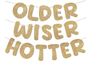 Fulmoon Set of 3 Pre Strung Older Wiser Hotter Glitter Banner Funny Birthday Banner for Women 30th 40th 50th 60th 70th 80th Birthday Party Decorations Sign Gift(Champaign Gold)