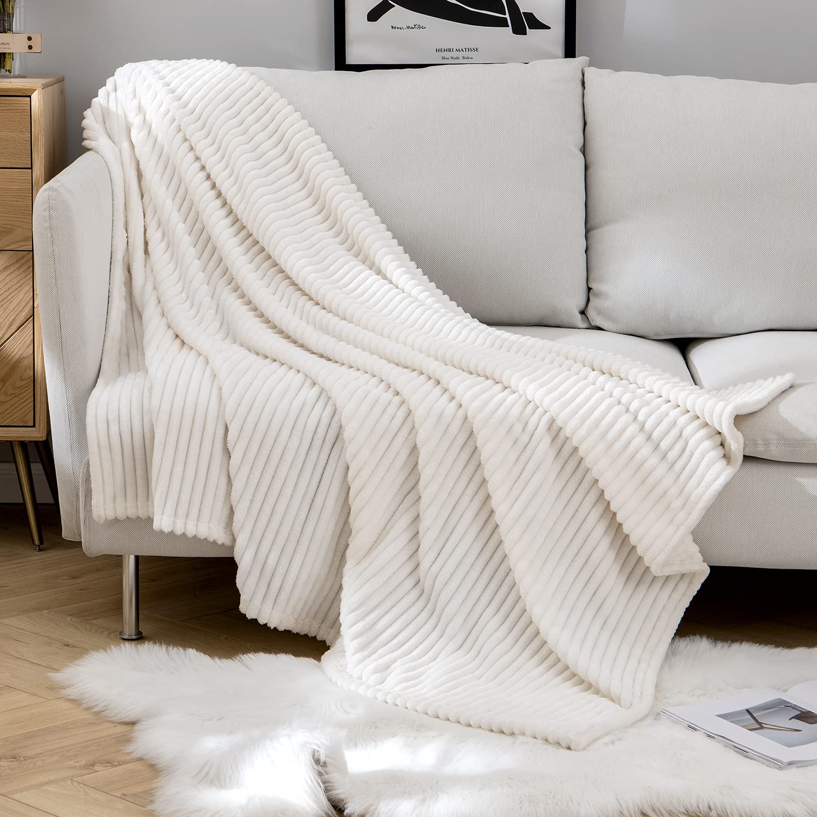 MIULEE Flannel Fleece Throw Blankets Soft Warm Comfortable Throws for Sofa Corduroy Fluffy Blanket Bed Throw for Bedroom Couch Travel Kids Bedroom Accessories 85x95Inch Beige — image 1
