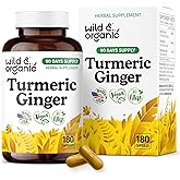 Wild & Organic Turmeric and Ginger Supplement Capsules - Mobility & Immune Support - Turmeric with Ginger and Black Pepper Capsules - 90 Days of Supply - Vegan, No Fillers, Non-GMO - 180 Count