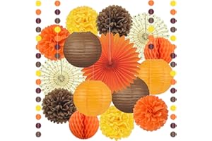 PEYWOT 16Pcs Fall Decorations Kit, Hanging Brown Yellow Orange Paper Lanterns Fans Flower Pom Poms for Office Home Indoor Outside Birthday Baby Bridal Shower Wedding Thanksgiving Fall Party Decorations