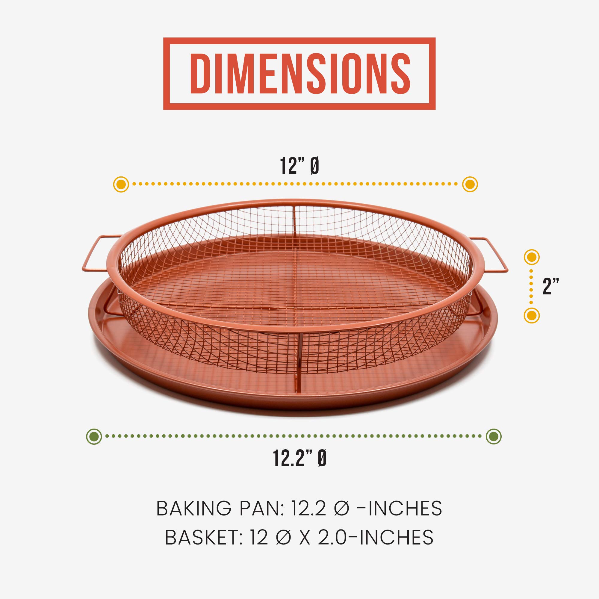 Chef Pomodoro Crisper Basket and Tray Set -2 Pieces, Large Plate for Oven with Air Fryer Option, Oil-Free Cookware Pan, Full Size Oven and Air Fryer Accessories for Any Kitchen, 12.2 inches (Copper)