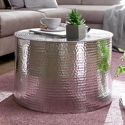FineBuy Beistelltisch 61x40,5x61 cm Aluminium Beistelltisch orientalisch rund silbern | Flacher Hammerschlag Sofatisch Metall