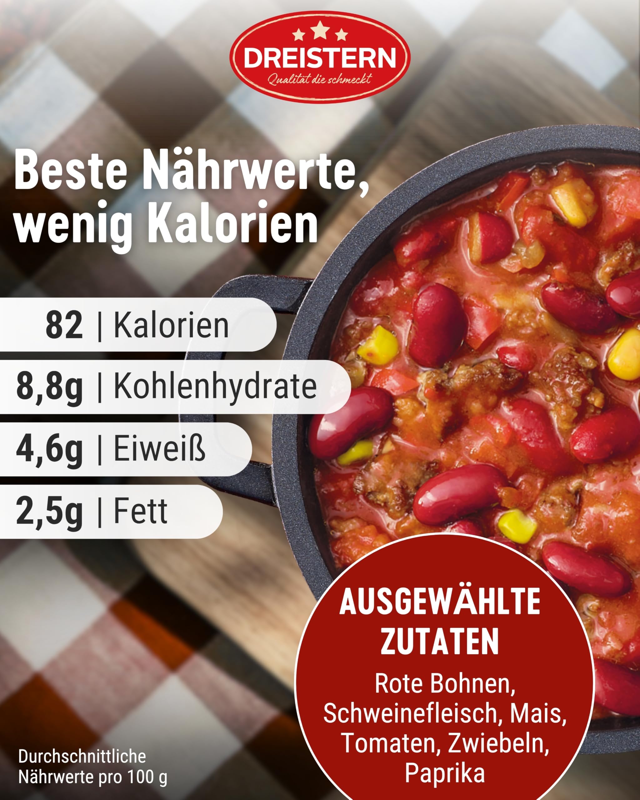 DREISTERN Chili con Carne 1200g I Mit Schweinefleisch & Gemüse I XXL Pikanter Eintopf in recyclebarer Konservendose I Lange Haltbarkeit dank natürlicher Konservierung I Hausmacher Qualität 3