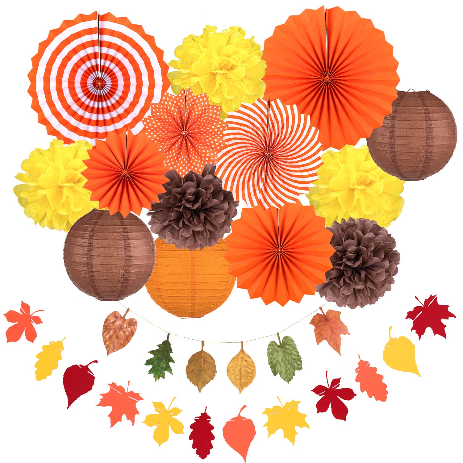 Whaline Fall Party Decorations, Orange Hanging Paper Fans Autumn Paper Pompoms Paper Lanterns Maple Leaves Bunting Garlands for Thanksgiving Celebration, Birthday Decor (16 Pcs)