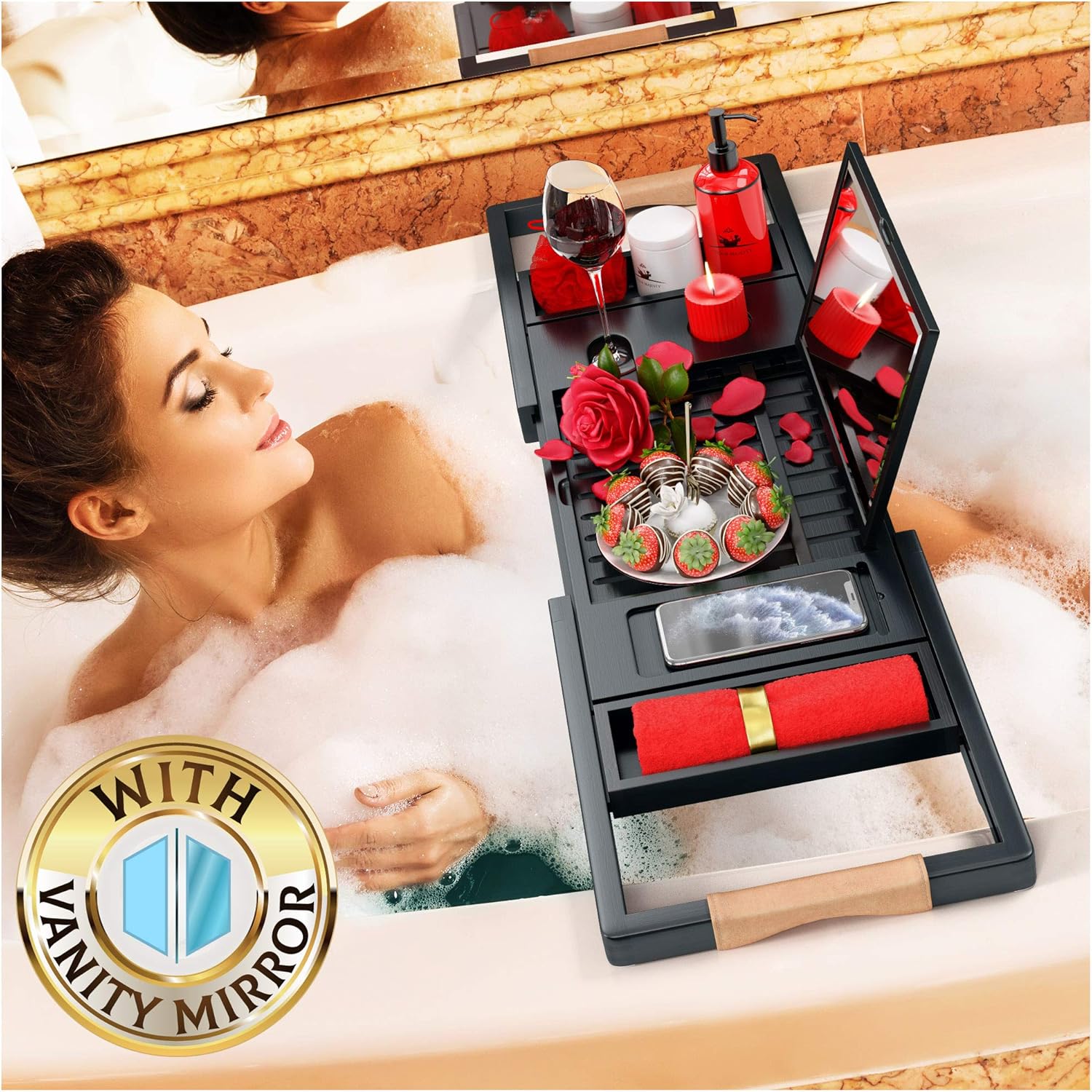 Your Majesty Premium Black Bathtub Tray [with Mirror] 1-2 Adults Expandable Bamboo Bath Tray, Beautiful Gift Box, Fits Any Tub - Holds Book, Wine, Phone, Ipad, Laptop