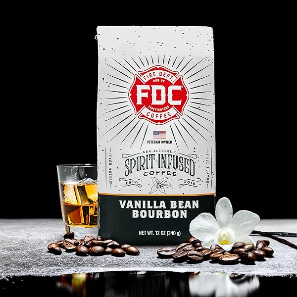 FIRE DEPARTMENT COFFEE – VANILLA BOURBON COFFEE – GIVES BACK TO FIREFIGHTERS – VANILLA BEAN BOURBON INFUSED – GROUND MEDIUM ROAST – NON-ALCOHOLIC – ROASTED IN THE USA – VETERAN OWNED – 12 OZ