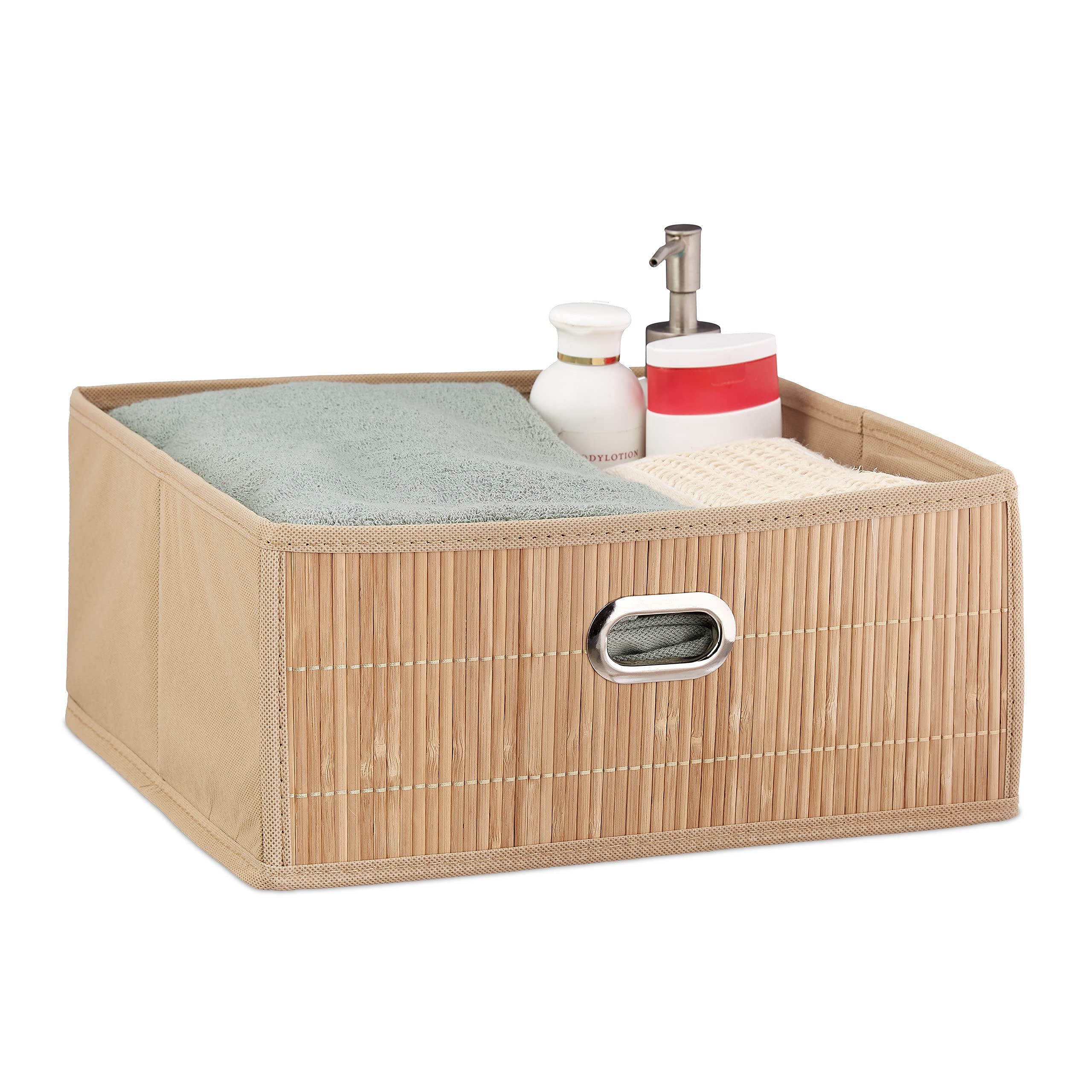Relaxdays Bamboo Storage Basket, Bathroom & Bedroom Organiser, Square, Low Box, HxWxD 14 x 31 x 31 cm, Folding, Natural