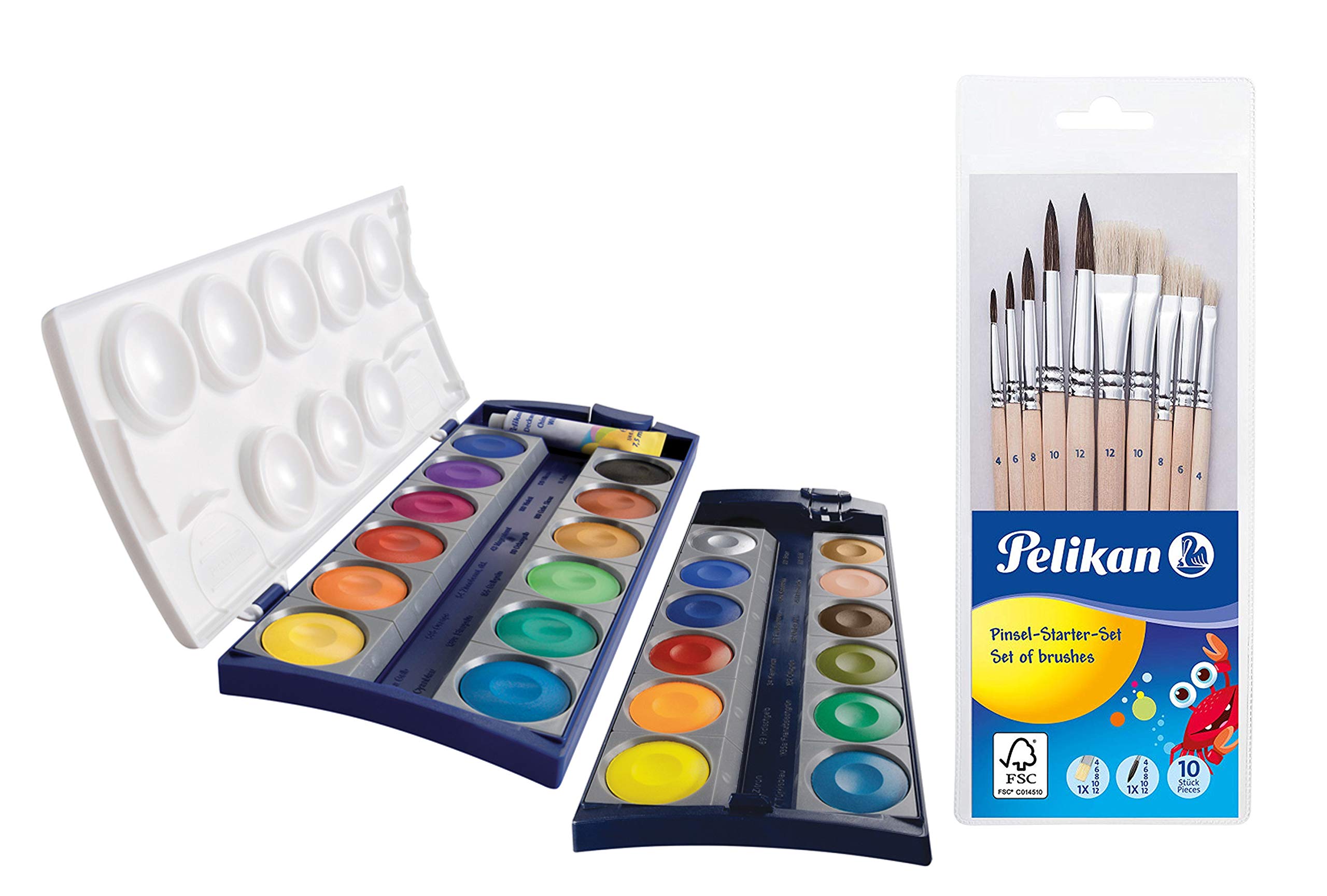 Pelikan Unisex Youth 720631 K24, 24 Quality Colours and 1 Tube Opaque White (7.5 ml), According to DIN 5023 (Opaque Paint Box + Brush Set 10 Pieces), Multi-Colour, 11-Piece Set