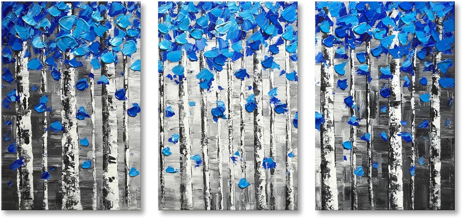 Paintings - Hand Painted Blue Birch Tree Oil Painting Textured Abstract Landscape Wall Art Forest Artwork for Living Room Bedroom Home Office Decor