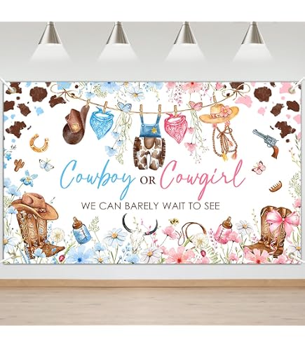 Highland Cow Gender Reveal Hintergrund – 210x150 Cm, Rosa & Blau, Boho Floral, Für Baby-Enthüllungsparty
