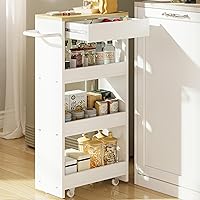 IRONCK Slim Storage Rolling Cart with Drawer and Wheels and Handle, 4 Tier Slide Out Utility Kitchen Cart for Small Spaces Ki