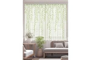Breling Willow Voile Curtains Cute Green Sheers Leaf Tulle Vine Window Sheers Ivy Pretty Curtain for Living Room Bedroom Window Door Balcony(2 Pieces,39.4 x 63 Inch)