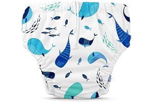 Charlie Banana Reusable Swim Diaper, Washable, Adjustable Drawstring for Baby Girls Boys, Soft and Snug Waterproof Fit to Prevent Leaks - The Whale on White, Size L (22-34 lbs)
