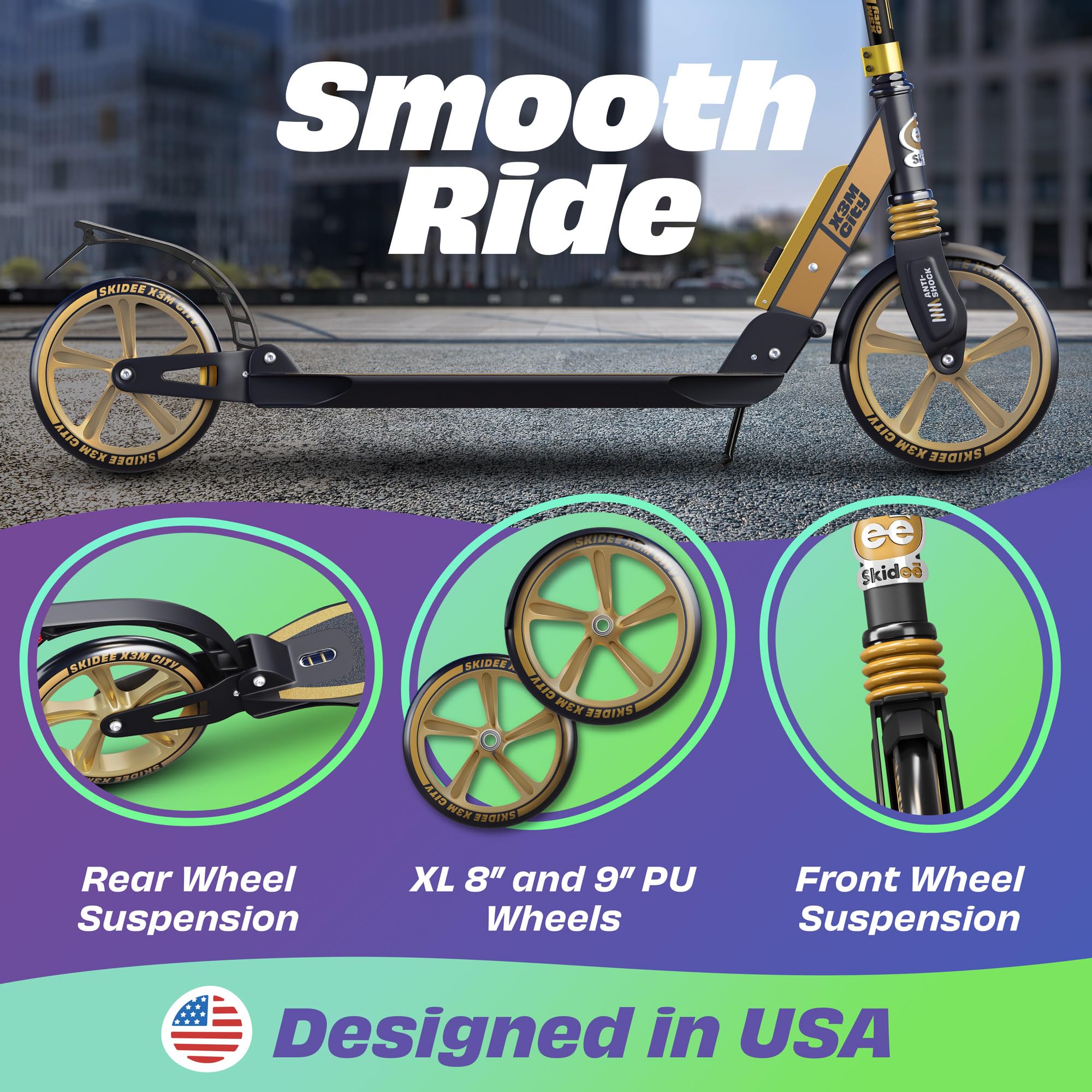 Skidee Adult & Teen Scooter Adjustable Height, Folding, Large Wheels, Lightweight, Durable, Anti-Shock Suspension, Up to 220 lbs
