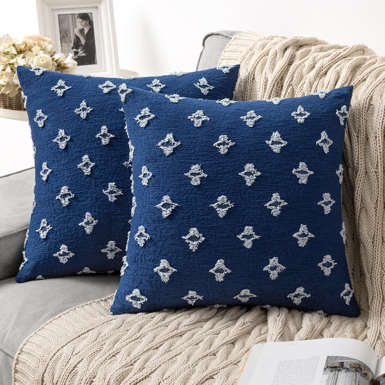 Photo 1 of MIULEE Set of 2 Decorative Throw Pillow Covers Rhombic Jacquard Pillowcase Soft Square Cushion Case for Couch Sofa Bed Bedroom Living Room, 18x18 Inch, Blue