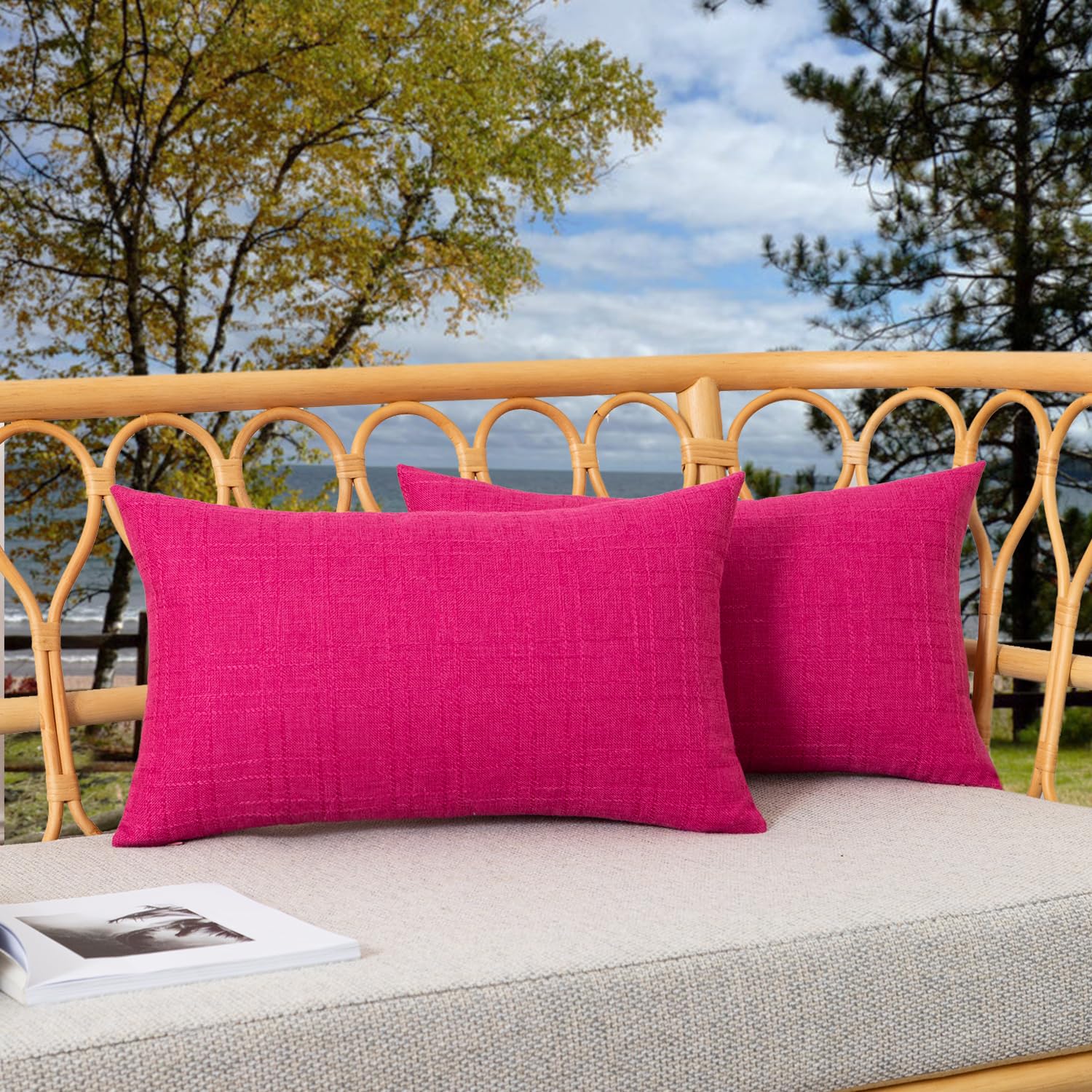 Photo 1 of Kevin Textile Set of 2 Outdoor Waterproof Pillow Covers - Valentines Day Decorative Throw Pillows - Rectangle Checkered Couch Pillows for Patio Tent Bed Sofa Living Room - 12x20 Inch - Hot Pink