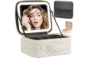 Extrei Gent Makeup Travel Train Case with Mirror LED Light 3 Adjustable Brightness Cosmetic Bag Portable Storage Adjustable Partition Waterproof Makeup Brushes Makeup Jewelry Gift for Women