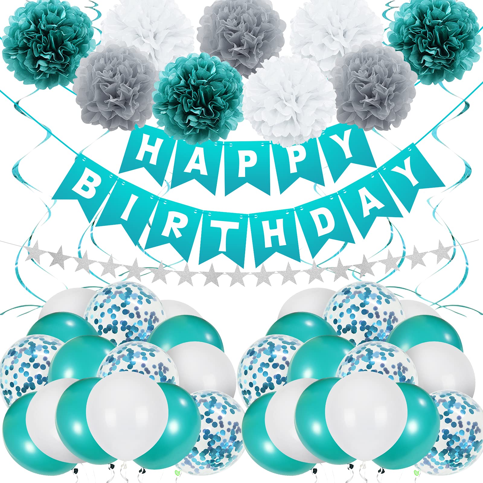 Unisun Teal Blue Birthday Decorations, Teal Blue Party Balloon with Happy Birthday Banner Confetti Balloons Paper Pom Poms Star Garland for Women Girls 1st 2nd 13th 18th 21 30th 40th Baby Shower