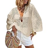 Saodimallsu Womens Crochet Beach Cover Up Top Summer 3/4 Sleeve Boho Oversized Mesh Knit V Neck Swimsuit Coverup