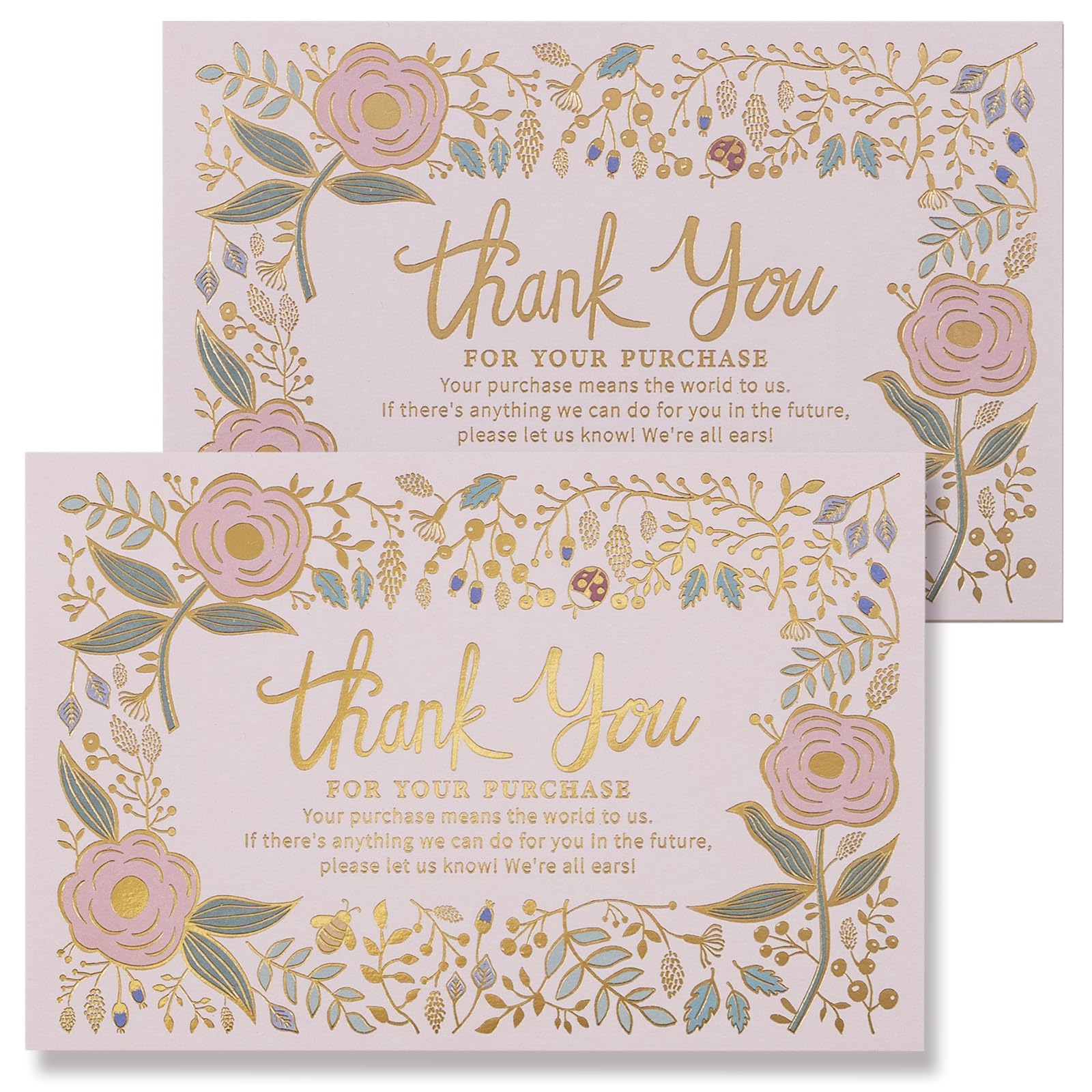 Prims & Flourish Thank You For Your Order Cards, Pack of 50 Thank You For Your Purchase Cards, Gold Foil Floral, 4 x 6 Inches, Postcard Size