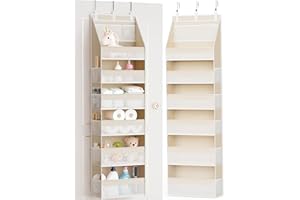 Criusia Over the Door Organizer, 6-Shelf Closet Hanging Storage with 13 Mesh Pockets, 55lbs Capacity Behind the Door Storage for Baby Nursery, Bathroom, Bedroom, and Dorm, Beige