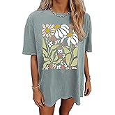 Women's Oversized Vintage Floral Graphic Tee - Wildflower T-Shirts Short Sleeve Casual Loose Holiday Tops Shirt