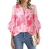 Timeson 3/4 Length Sleeve Womens Tops Dressy Casual Button Down V Neck Business Work Blouses
