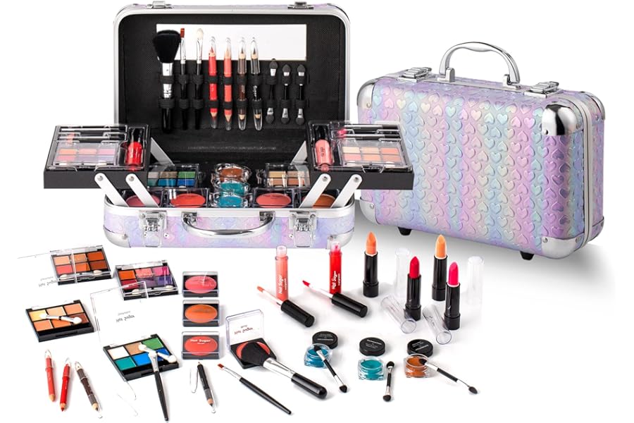 Hot Sugar All In One Makeup Set for Teenager Girls 10-12 Full Makeup Kit for Beginners Includes Eye Shadow Palette Blush Lip Gloss Lipstick Eye Pencil Brush Mirror (Purple Heart)