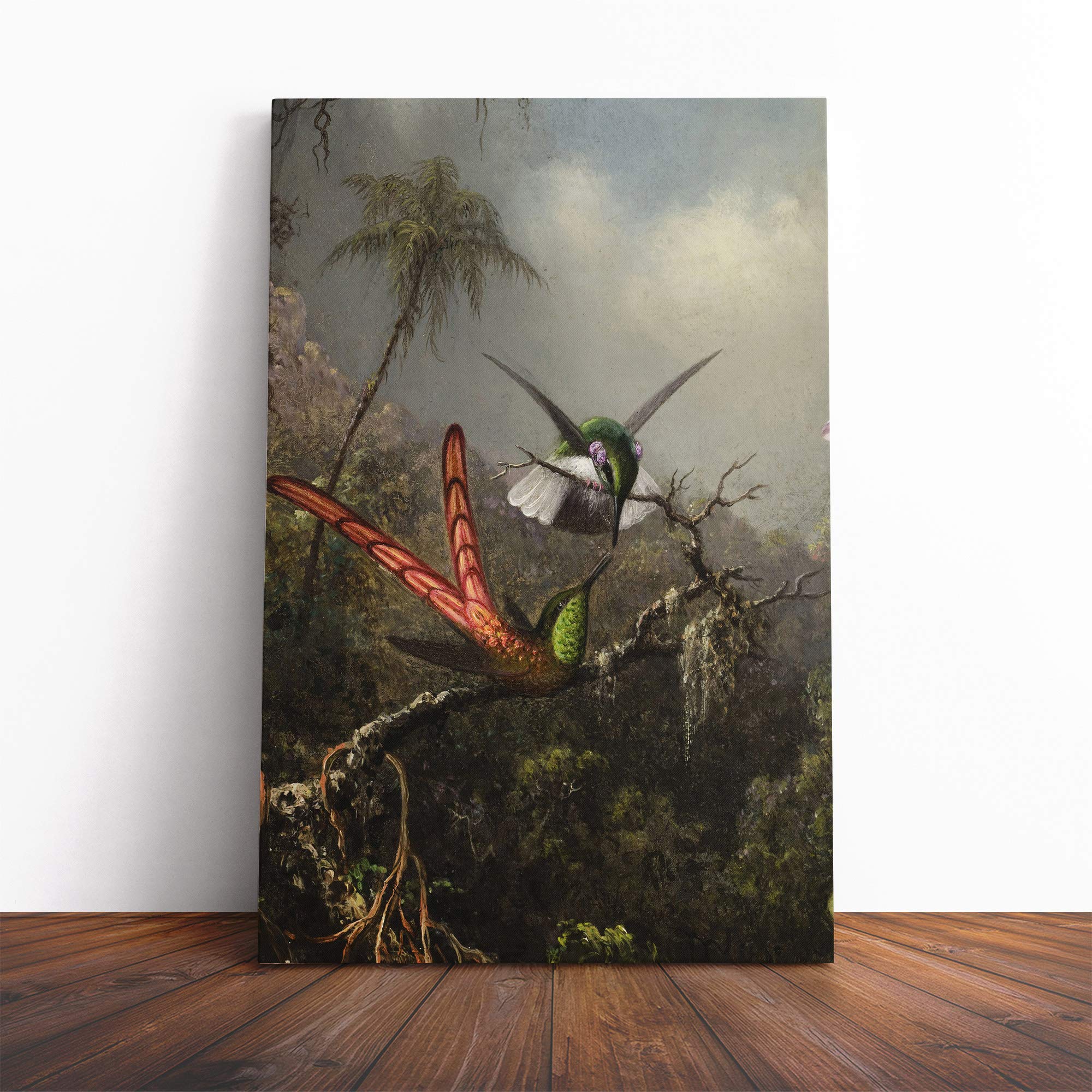 Martin Johnson Heade Orchid with Two Hummingbirds Canvas Print | Gallery Wrapped 30mm Frame Wall Art | 20x14 inches | Ready to Hang | Modern Floral Picture | Living Room Bedroom Lounge Office