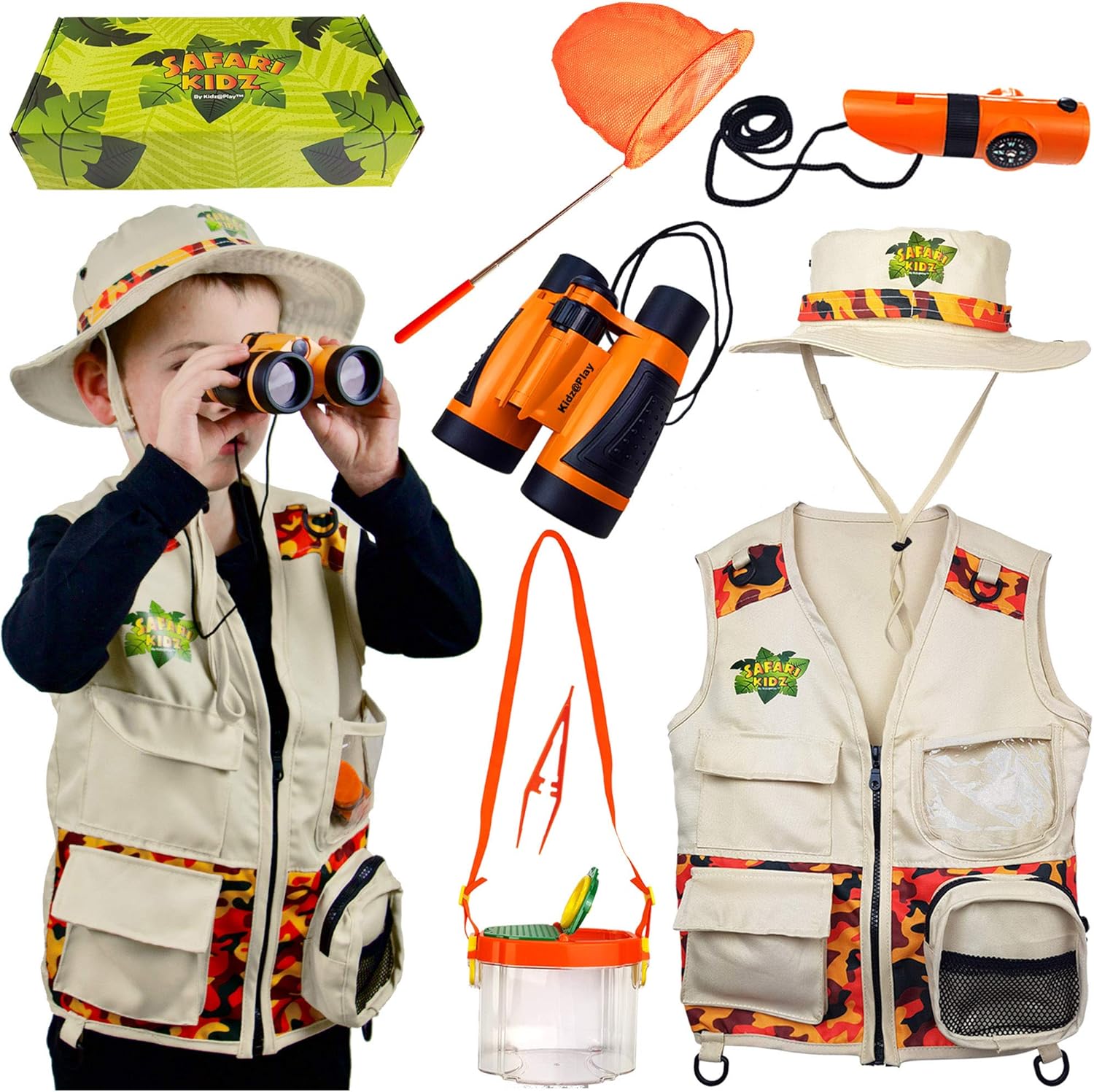 Safari Kidz Outdoor Adventure Set - Perfect Safari, Critter Hunting, Exploration Costume with Vest, Hat, Binoculars, Bug Net and Container, Whistle, Flashlight, Magnifying Glass: Clothing