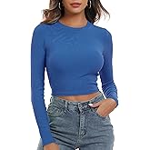 Artfish Women's Round Neck Long Sleeve Knit Ribbed Fitted Crop Top Casual Basic Shirts
