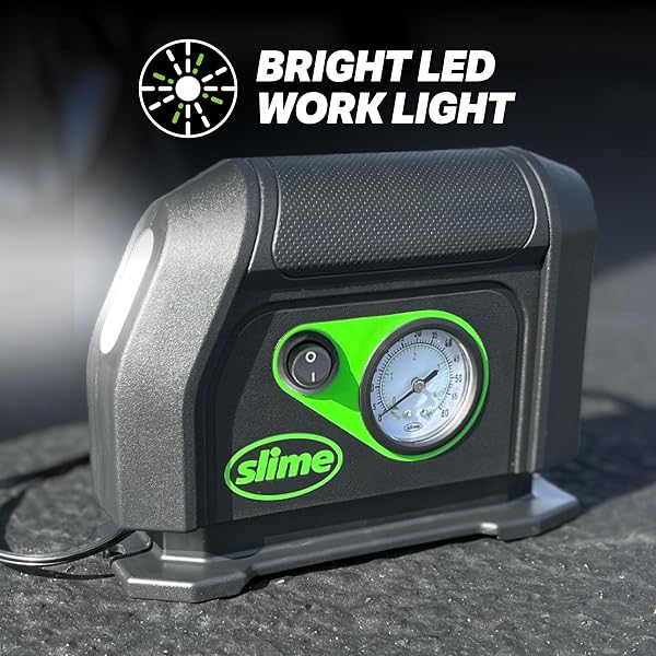 SLIME 40050 TIRE INFLATOR, PORTABLE CAR AIR COMPRESSOR, WITH ANALOG 100 PSI DIAL GAUGE, LONG HOSE AND LED LIGHT, 12V, 8 MIN INFLATION