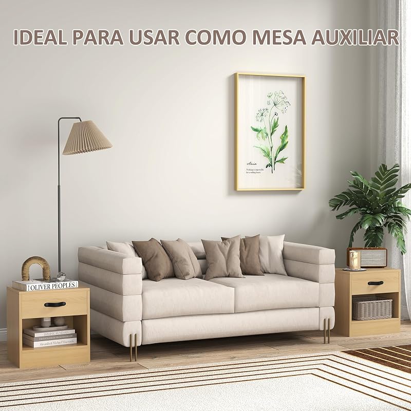Pacote de 2 Mesas de Cabeceira Estreitas com Gaveta 39x28x41 cm Natural