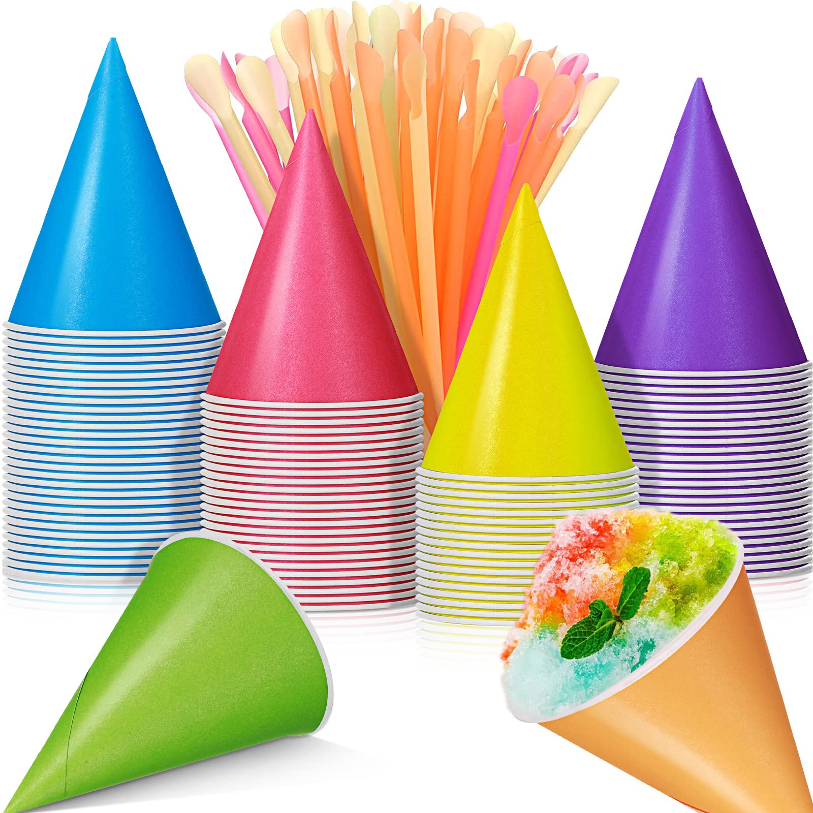 Photo 1 of Boao 100 Pieces Snow Cone Cups 4.5 OZ Leakproof Matching 100 Pieces Spoon Straws for Snow Cone Syrups Slush Shaved Ice Cream Sorbet Water (Colorful,Classic Style)