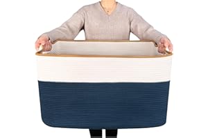 MINTWOOD Design 22in Extra Large Blanket Basket Holder Living Room, Rectangle Rope Woven Storage Basket with Handles for Laundry, Pool Towels, and Shoes, Dog Toy Organizer Bin Box, Prussian Blue