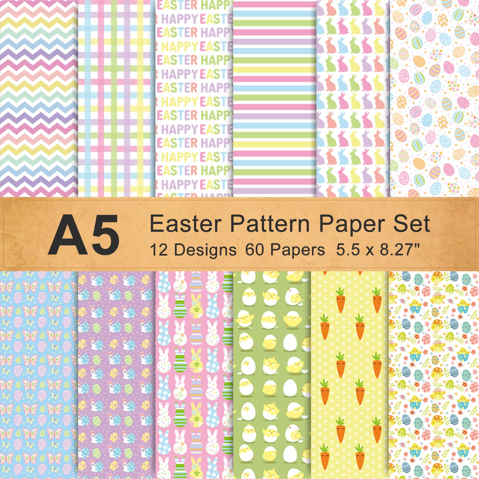 Whaline 60 Sheet Double-Sided Easter Pattern Paper Set A5 Size 12 Designs Easter Bunny Rabbit Egg Craft Paper Holiday Decorative Origami Paper for Card Making Die Cuts Scrapbook Gift Decoration