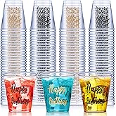 Nuogo 100 Pcs Happy Birthday Plastic Shot Glasses Birthday Party Favors 2 oz Cheer Cups for Anniversary Wedding Party Supplies