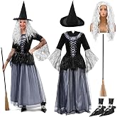 Funnysoft 5 Pcs Halloween Witch Costume Set for Women Witch Dress Hat Wig Broom for Halloween Cosplay
