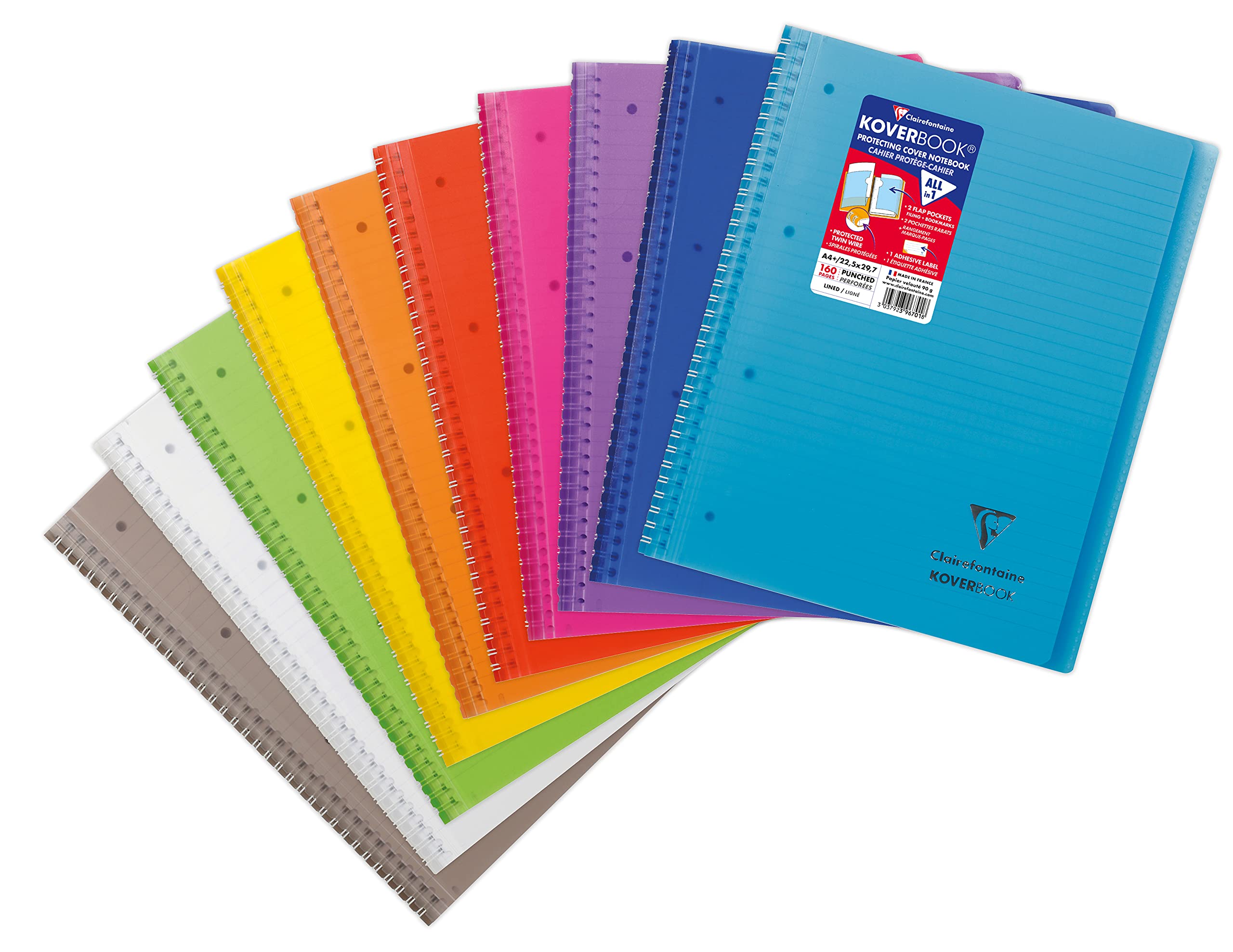 Clairefontaine 396701C - One Koverbook Spiral Notebook - A4+ 22.5x29.7 cm - 160 Detachable Lined Pages - White Paper 90 g - Random Colour Polypro Cover