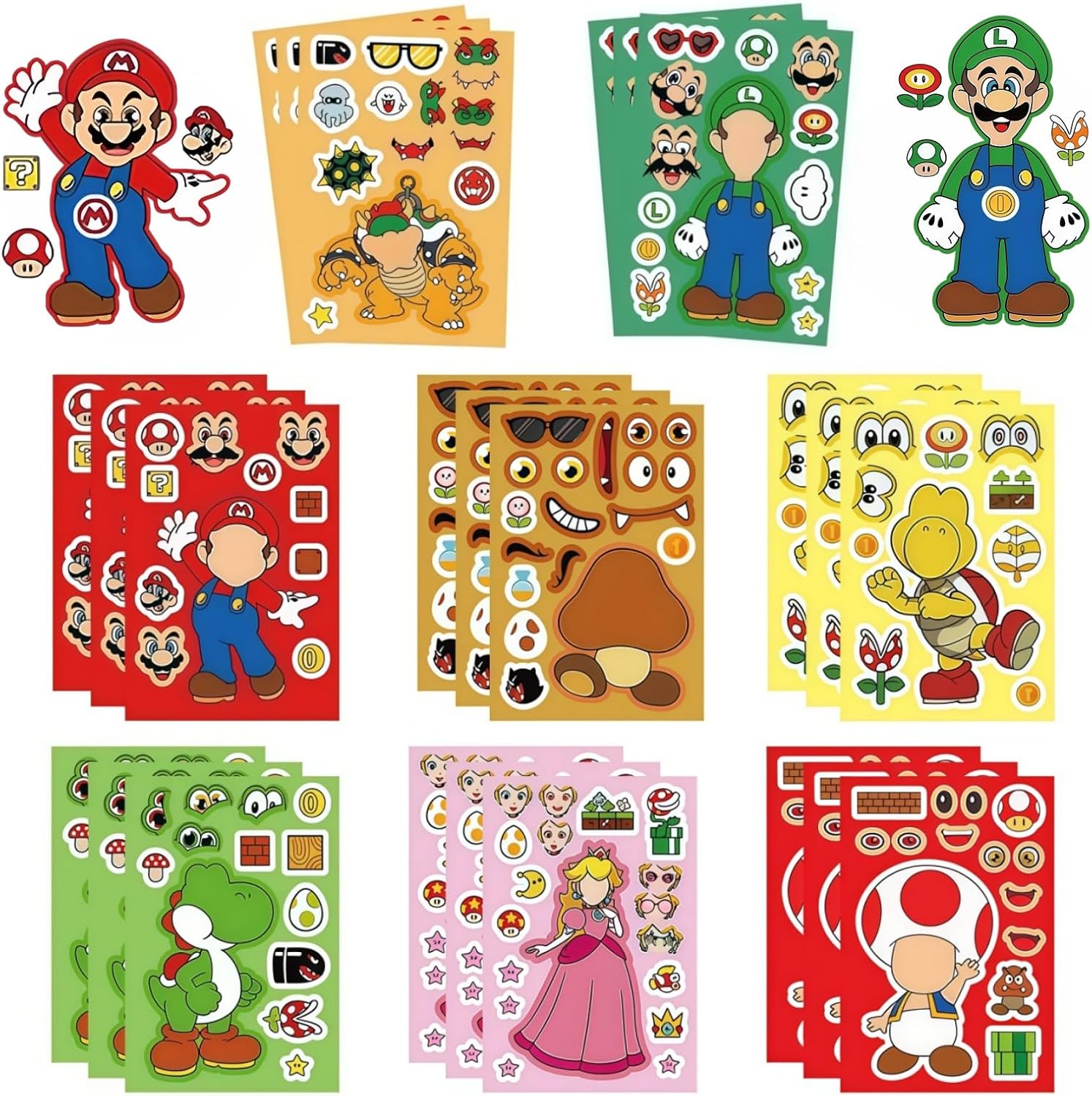 2026 Mario Make a Face Stickers, Cartoon Book Crafts, DIY Party Supplies Favors Your Own Mixed and Matched with Different Designs Characters Birthday Gifts Class Reward Decor (32 Sheets)