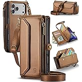 Strapurs Wallet Case Compatible with iPhone 17 Pro Max 6.9" RFID Blocking 10-Card Holder Soft PU Leather Magnetic Snap Shoulder Strap Zipper Pocket Phone Case Fit for iPhone 17 Pro Max - Brown