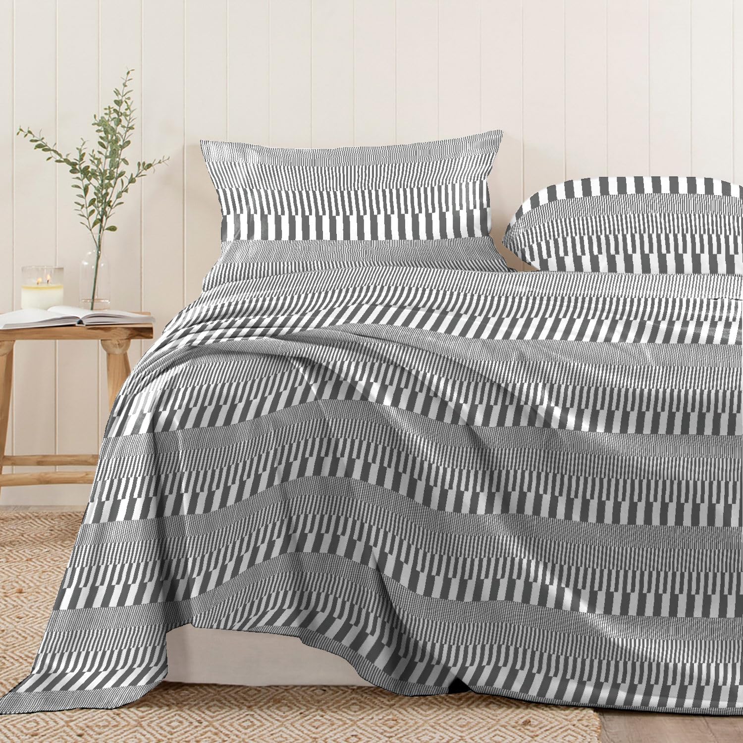 Pizuna Cotton Cascade Stripe Grey Print Flat Sheet Super King Size, 100% Long Staple Cotton 400 Thread count Bedding Super King, Sateen Super King Flat Sheet 300x280 1 Pc Only (Cotton Printed Bedding) — image 1