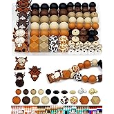 112PCS FIVEIZERO 12mm 15mm Cow Focal Silicone Beads for Keychain Making, Round, Lentil, Hexagonal, Print, 10mm Rhinestone Rondelle Spacers Beads for Bracelet, Pens, Necklace Crafts(Orange Brown)