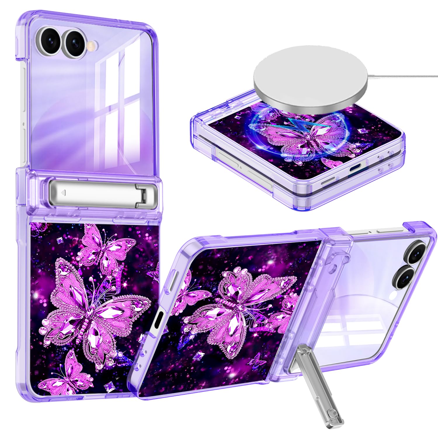 Photo 1 of Hekodonk for Galaxy Z Flip 7 Case,[Compatible with MagSafe][Glow in The Dark][Front Screen Protector][Stand][Hinge Protection],Slim Fit for Women Girls for Samsung Galaxy Z Flip 7,All Purple