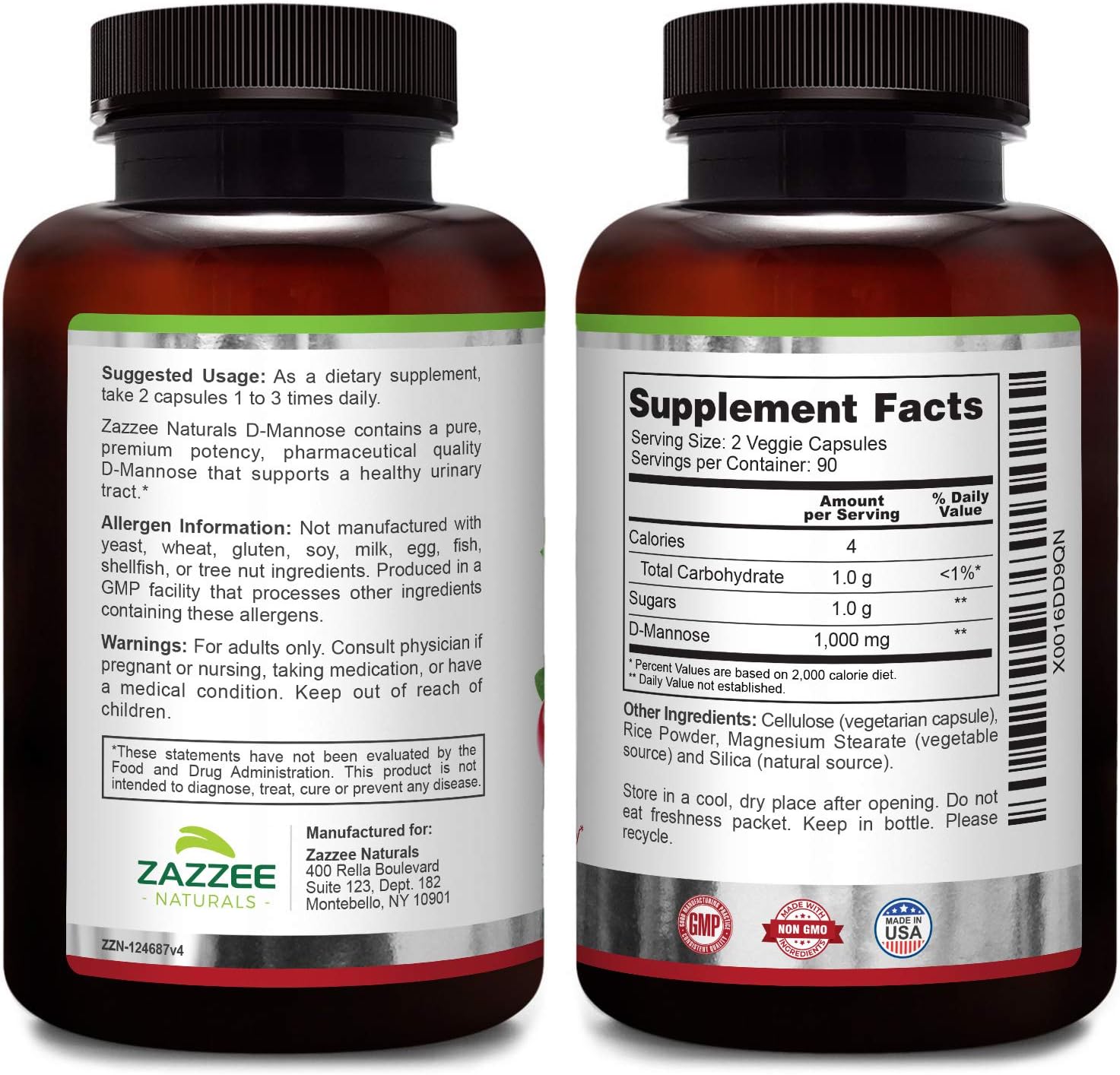 Zazzee D-Mannose 180 Veggie Capsules, 1000 mg per Serving, Pure, Potent and Fast-Acting, Extra Strength Dosage, Vegan, Non-GMO and All-Natural: Health & Personal Care