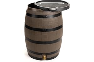 RTS Companies Inc 551400600A5681 Home Accents Polyethylene Premium Flat Back Rain Barrel with Removable Lid, 55 Gallon, Woodg
