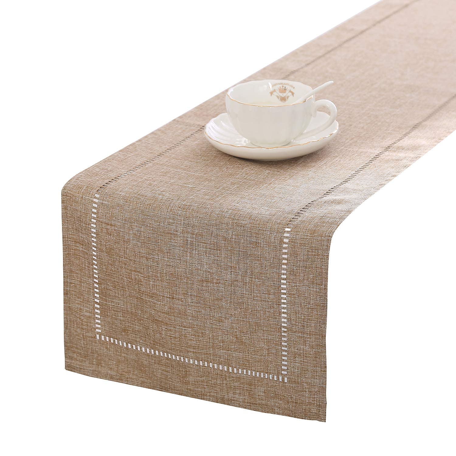 Photo 1 of Tosewever Decorative Linen Table Runner Farmhouse Style Tabletop Collection 14 x 72 Inches Table Runners for Everyday Dining Wedding Party Holiday Home Decor (14" x 72", Light Coffee/Straight)