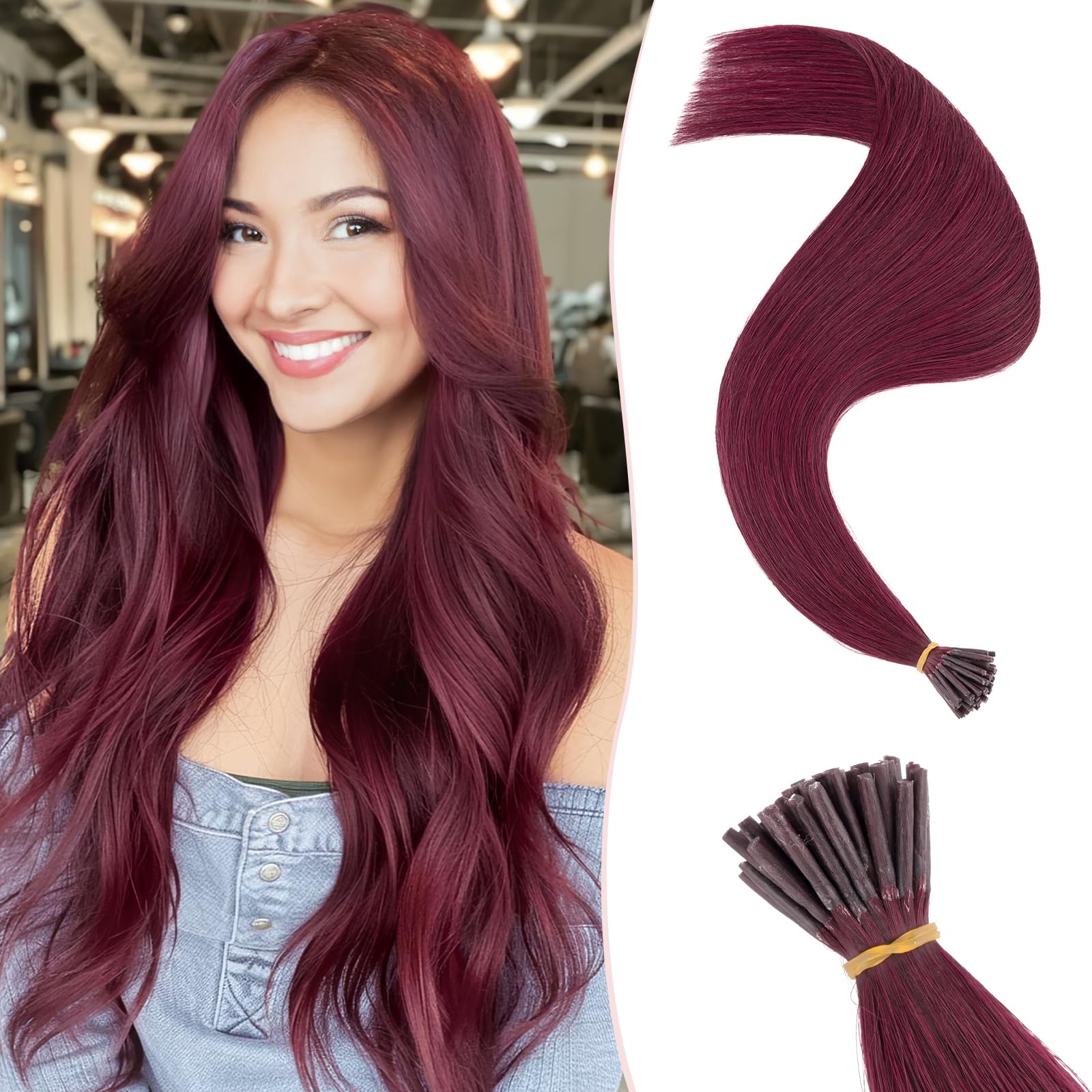 SEGOHAIR I Tip Hair Extensions Human Hair 16inch Cold Fusion I Tip Hair Pieces Wine Red I Tip Extensions Remy Human Hair Pre Bonded Hair for Women 50g 50 Strands